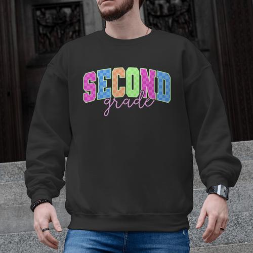 Back To School Neon Checkered Second Grade Colorful Teacher Men Graphic Sweatshirt - teacherstshirts.com AU
