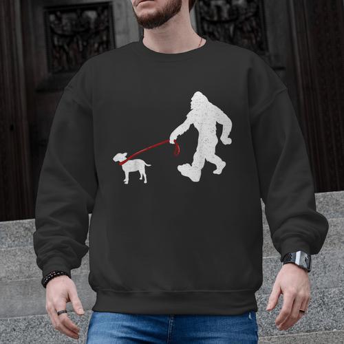 Bigfoot Walking With Bull Terrier Dog Men Graphic Sweatshirt - Bostonterriersmerch.com