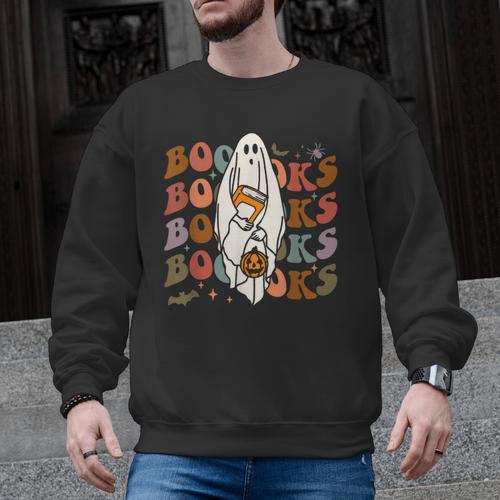 Booooks Ghost Halloween Groovy Vintage Teacher Book Reading Men Graphic Sweatshirt - teacherstshirts.com