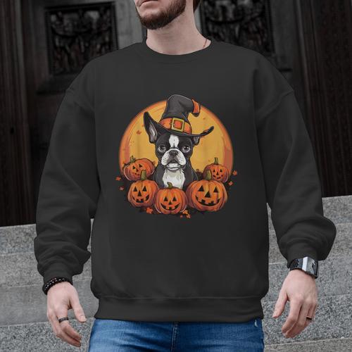 Boston Terrier Bostie Dog Breed Pet Halloween Pumpkins Men Graphic Sweatshirt - Bostonterriersmerch.com