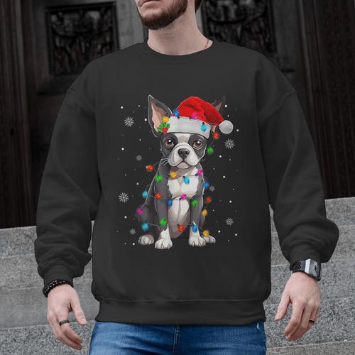 Boston Terrier Christmas Santa Hat Tree Lights Pajama Men Graphic Sweatshirt - Bostonterriersmerch.com