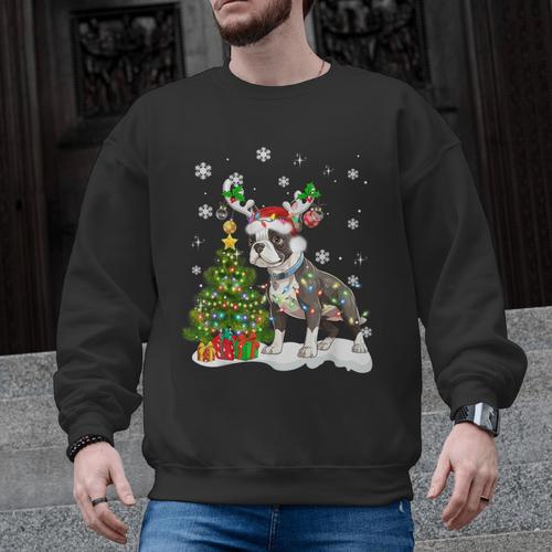 Boston Terrier Christmas Tree Lights Santa Hat Men Graphic Sweatshirt - Bostonterriersmerch.com