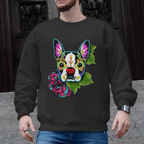 Boston Terrier In Day Of The Dead Sugar Skull Dog Men Graphic Sweatshirt - Bostonterriersmerch.com