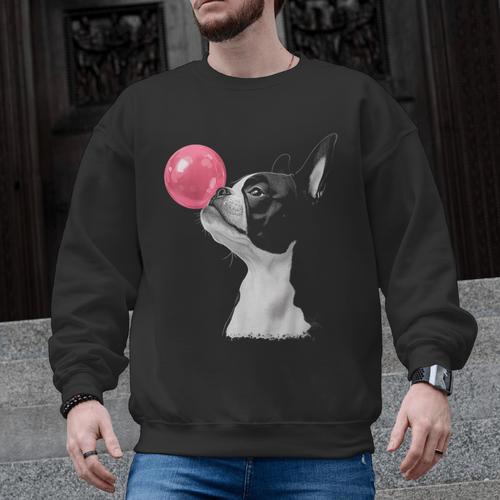 Boston Terrier Dog Blowing Chewing Bubble Gum Pink Men Graphic Sweatshirt - Bostonterriersmerch.com