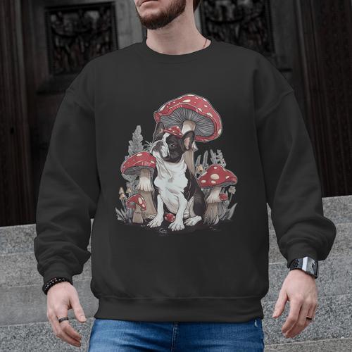 Boston Terrier Dog Cottagecore Aesthetic Mushroom Hat Men Graphic Sweatshirt - Bostonterriersmerch.com