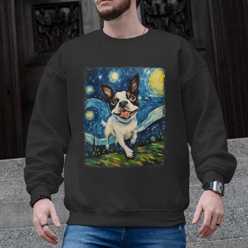 Boston Terrier Dog Starry Night Painting Men Graphic Sweatshirt - Bostonterriersmerch.com