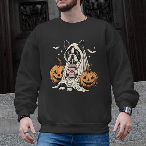 Boston Terrier Ghost Boo Halloween Costume Spooky Season Men Graphic Sweatshirt - Bostonterriersmerch.com