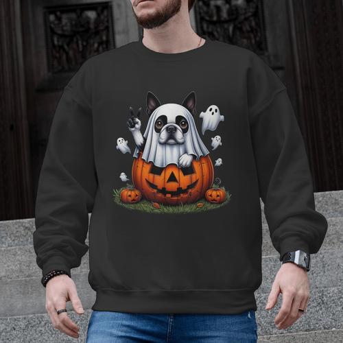Boston Terrier Ghost Boo Halloween Kids Men Graphic Sweatshirt - Bostonterriersmerch.com