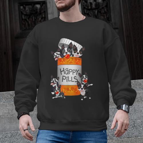 Boston Terrier Happy Pills T-Shirt Men Graphic Sweatshirt - Bostonterriersmerch.com