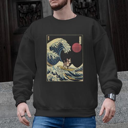Boston Terrier Japanese Kanagawa Wave Surf Dog Men Graphic Sweatshirt - Bostonterriersmerch.com