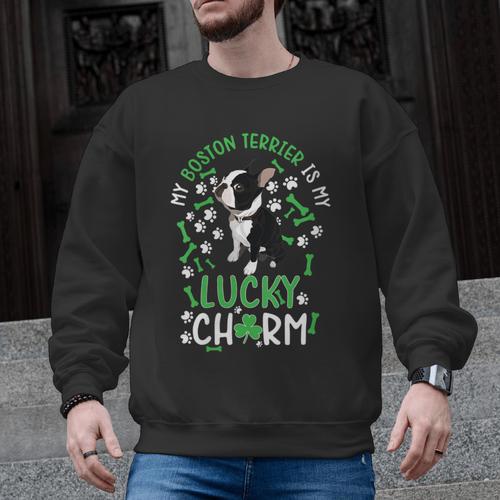 My Boston Terrier Is My Lucky Charm Paw Dog St Patrick's Day Men Graphic Sweatshirt - Bostonterriersmerch.com