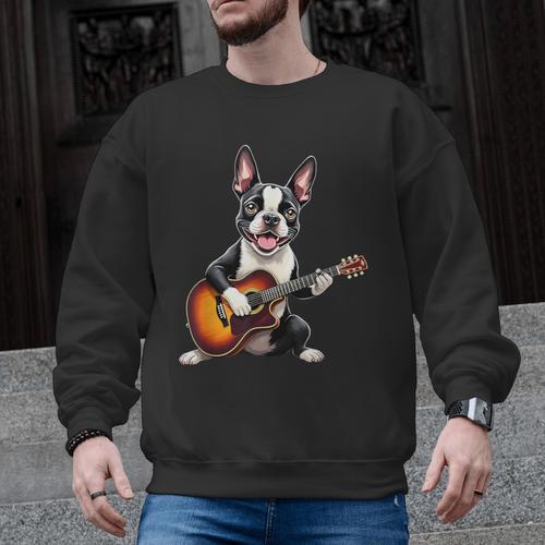 Boston Terrier Playing Guitar Boston Terrier Men Graphic Sweatshirt - Bostonterriersmerch.com