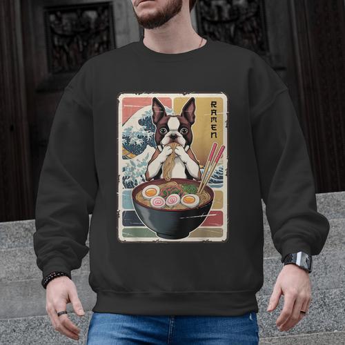 Boston Terrier Ramen Noodles Japanese Art Retro Ocean Waves Men Graphic Sweatshirt - Bostonterriersmerch.com