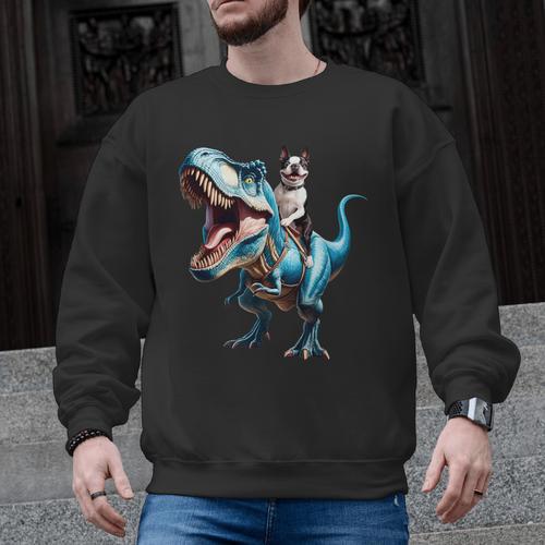 Boston Terrier Riding T-Rex Dinosaur Dog Lover Men Graphic Sweatshirt - Bostonterriersmerch.com