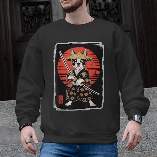 Boston Terrier Samurai Ninja Vintage Anime Japanese Ukiyo-e Men Graphic Sweatshirt - Bostonterriersmerch.com