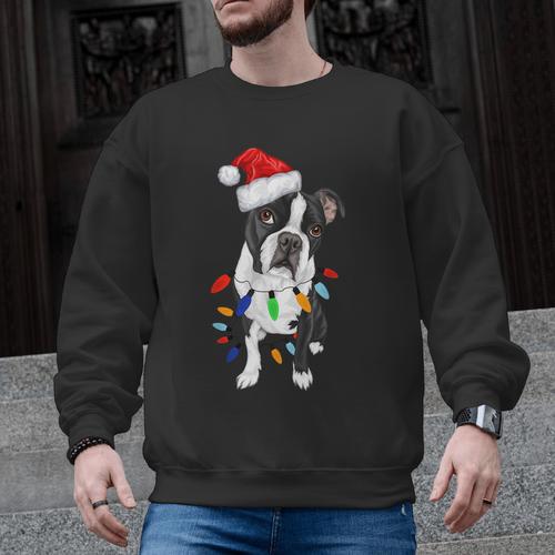 Boston Terrier Santa Christmas Lights Xmas Dog Lover Men Women Kids Men Graphic Sweatshirt - Bostonterriersmerch.com