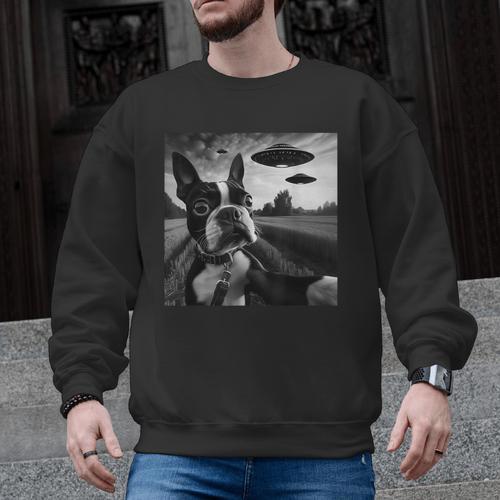 Boston Terrier Graphic Selfie With UFOs Weird Aliens Men Graphic Sweatshirt - Bostonterriersmerch.com UK