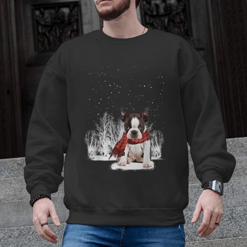 Boston Terrier In The Snow Merry Christmas Winter Men Graphic Sweatshirt - Bostonterriersmerch.com