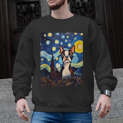 Boston Terrier Starry Night Van Gogh Art Men Graphic Sweatshirt - Bostonterriersmerch.com