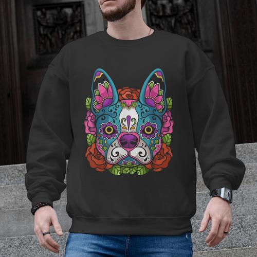 Boston Terrier Sugar Skull Dog Day Of The Dead Men Graphic Sweatshirt - Bostonterriersmerch.com