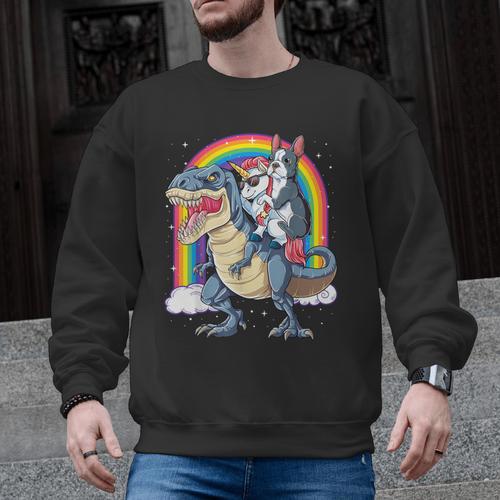 Boston Terrier Unicorn Riding Dinosaur T-Rex Girls Rainbow Men Graphic Sweatshirt - Bostonterriersmerch.com