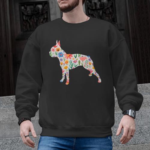 Boston Terrier Watercolor Flowers Men Graphic Sweatshirt - Bostonterriersmerch.com