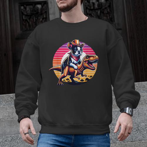 Boston Terrier Wearing A Cowboy Hat On T-Rex Men Graphic Sweatshirt - Bostonterriersmerch.com