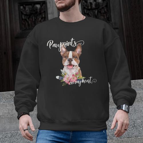 Brown Boston Terrier With Flowers And Feathers Men Graphic Sweatshirt - Bostonterriersmerch.com