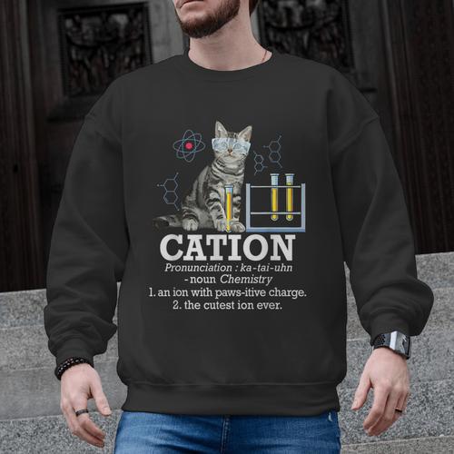 Cation Chemistry Humor Science Teacher Cat Pun Men Graphic Sweatshirt - teacherstshirts.com AU