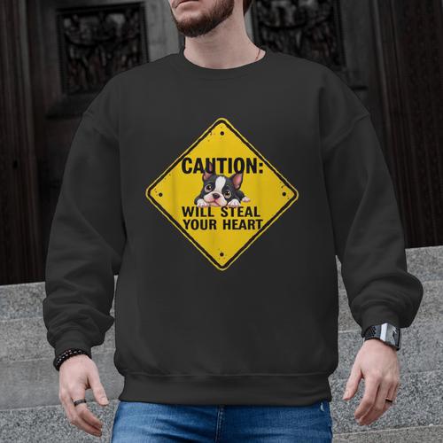 Caution Sign Boston Terrier Dog Bostie Puppy Men Graphic Sweatshirt - Bostonterriersmerch.com