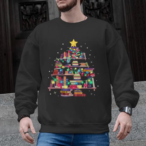 Christmas Library Tree Love Reading Books Nerd Teacher Men Graphic Sweatshirt - teacherstshirts.com