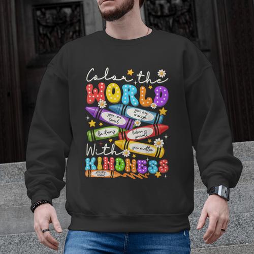 Color The World With Kindness Crayon Positivity Teacher Men Graphic Sweatshirt - teacherstshirts.com