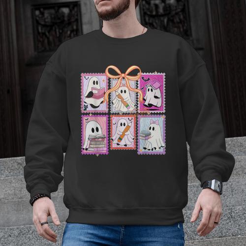 Coquette Bow Spooky Teacher Ghost Halloween Trick Or Teach Men Graphic Sweatshirt - teacherstshirts.com UK
