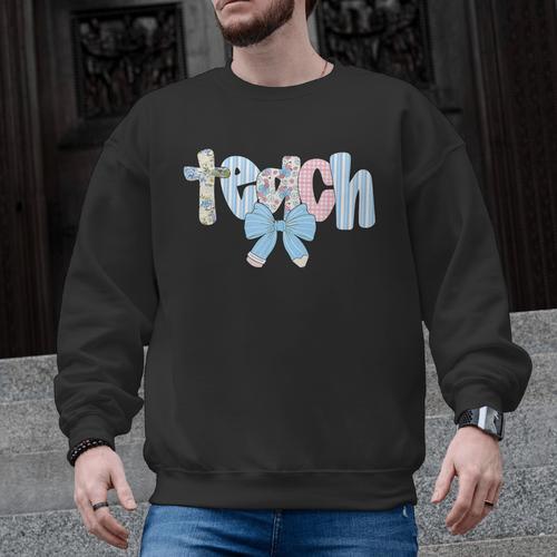 Coquette Bow Teach Teacher Happy First Day Back To School Men Graphic Sweatshirt - teacherstshirts.com