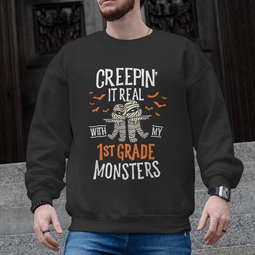 Creepin It Real With My 1st Grade Monsters Halloween Teacher Men Graphic Sweatshirt - teacherstshirts.com UK