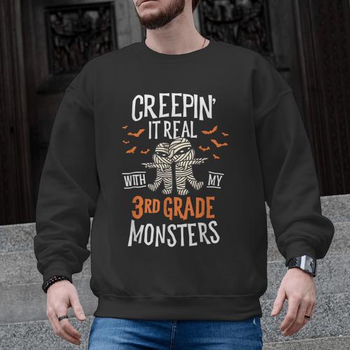 Creepin It Real With My 3rd Grade Monsters Halloween Teacher Men Graphic Sweatshirt - teacherstshirts.com AU