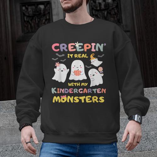 Creepin It Real With Kindergarten Monsters Halloween Teacher Men Graphic Sweatshirt - teacherstshirts.com AU