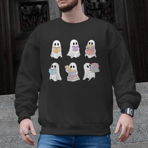 Cute Boo Ghost Reading Books Halloween Librarian Teacher Kid Men Graphic Sweatshirt - teacherstshirts.com AU