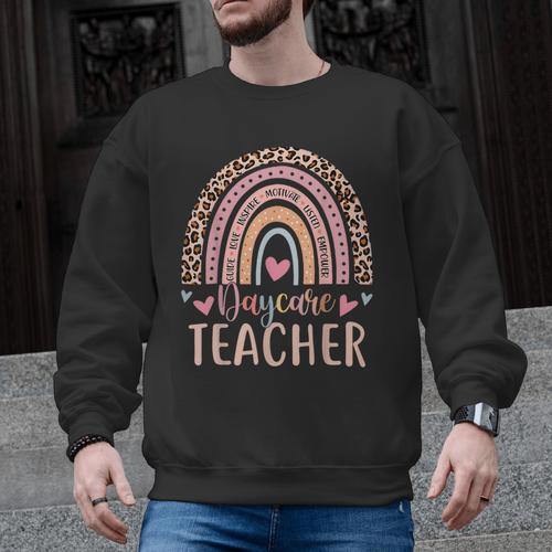 Cute Daycare Teacher Rainbow Leopard Print Childcare Worker Men Graphic Sweatshirt - teacherstshirts.com DE