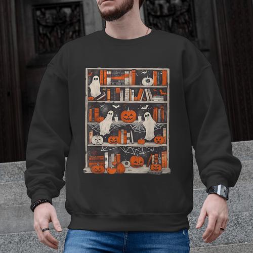 Cute Ghost Book Reading Books Lover Spooky Teacher Halloween Men Graphic Sweatshirt - teacherstshirts.com AU