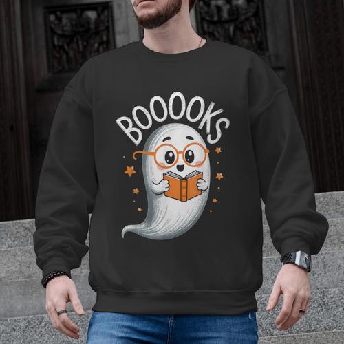 Cute Ghost Book Reading Halloween Teacher Men Graphic Sweatshirt - teacherstshirts.com AU
