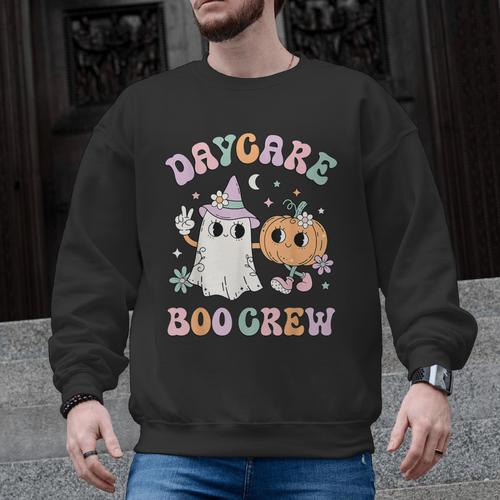 Daycare Boo Crew Groovy Halloween Floral Ghost Kid Teacher Men Graphic Sweatshirt - teacherstshirts.com DE