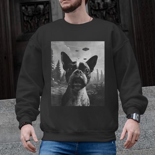 Dog Mom Dad Alien Selfie Boston Terrier UFO For Men Women Men Graphic Sweatshirt - Bostonterriersmerch.com