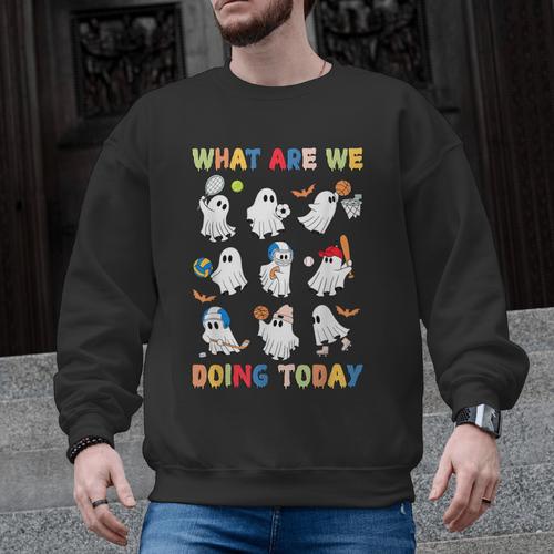 What Are We Doing Today Ghost PE Teacher Team Halloween Men Graphic Sweatshirt - teacherstshirts.com AU
