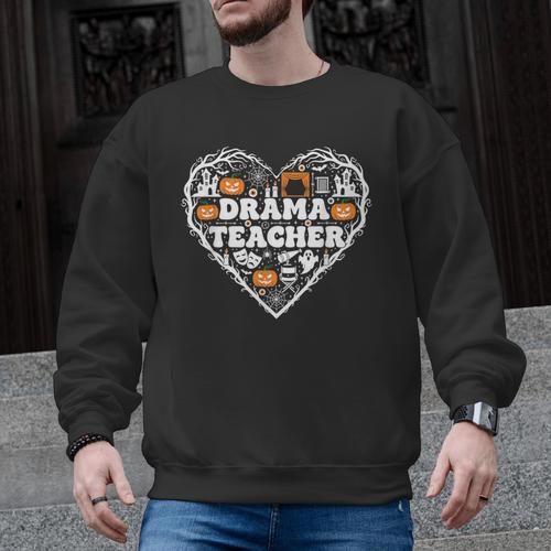 Drama Teacher Heart Pumpkin Ghost Halloween Kids Men Graphic Sweatshirt - teacherstshirts.com CA