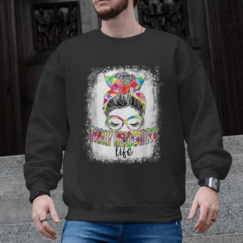 Early Head Start Life Messy Bun Back To School Teacher Women Men Graphic Sweatshirt - teacherstshirts.com CA