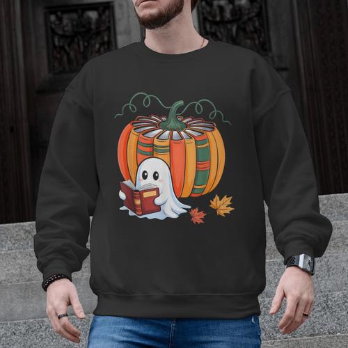 Fall Book Pumpkin Ghost Reading Books Halloween Teacher Men Graphic Sweatshirt - teacherstshirts.com AU