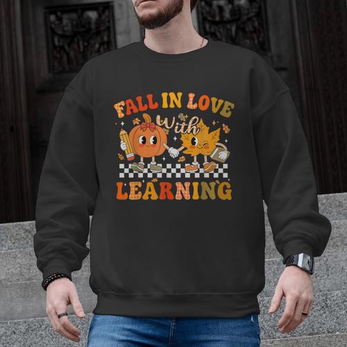 Fall In Love With Learning Autumn Pumpkin Fall Teacher Kids Men Graphic Sweatshirt - teacherstshirts.com DE