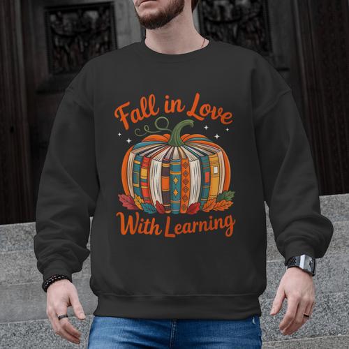 Fall In Love With Learning Book Lover Autumn Pumpkin Teacher Men Graphic Sweatshirt - teacherstshirts.com AU