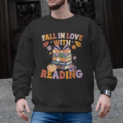 Fall In Love With Reading Halloween Stack Of Book Teacher Men Graphic Sweatshirt - teacherstshirts.com